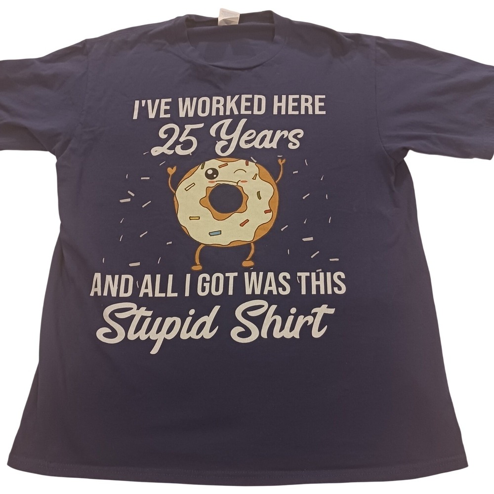 Funny 25‎ Years Worked Donut Graphic T-Shirt Mens Medium Navy Blue Office Tee